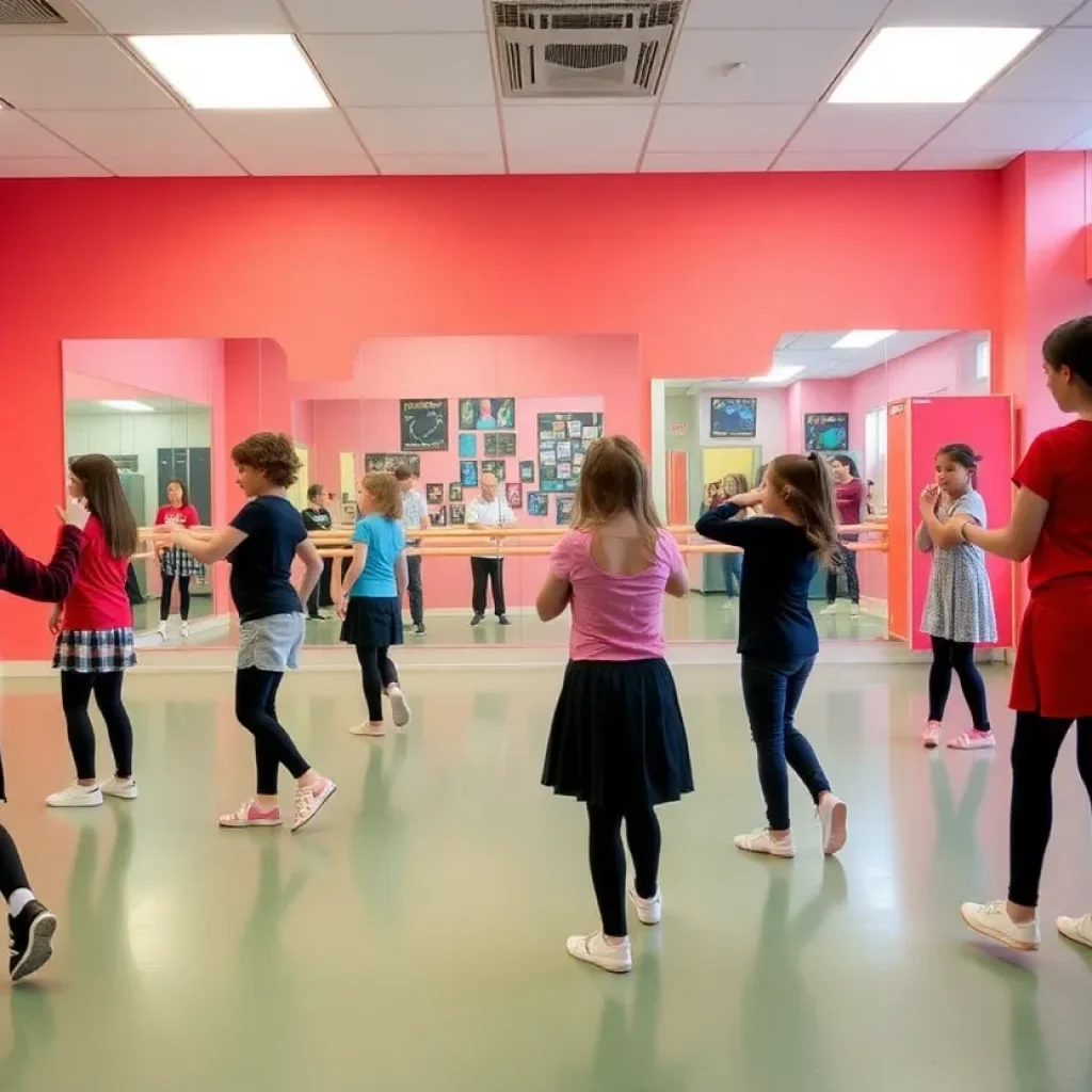 A professional dance studio at Lexington Traditional Magnet School with students practicing.