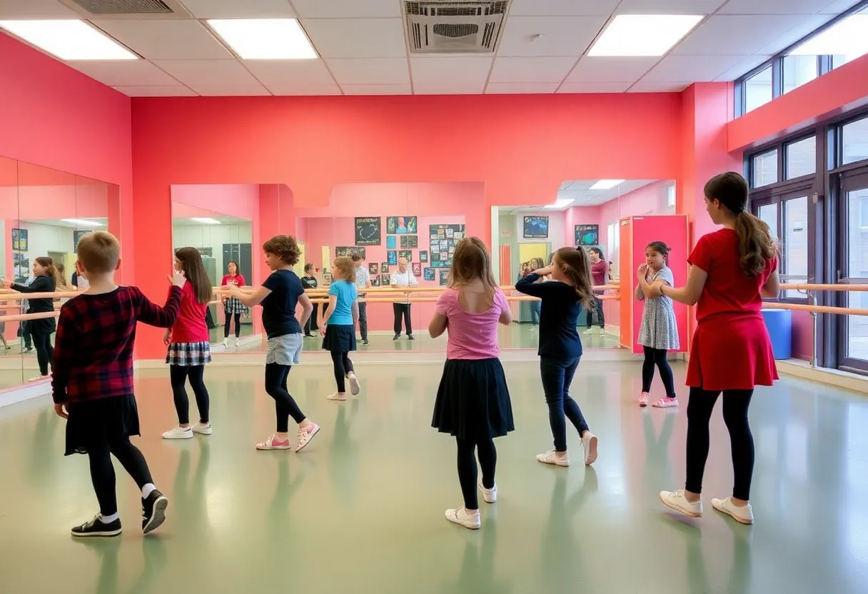 A professional dance studio at Lexington Traditional Magnet School with students practicing.