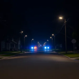 Police lights illuminating a quiet neighborhood after a shooting incident in Lexington.