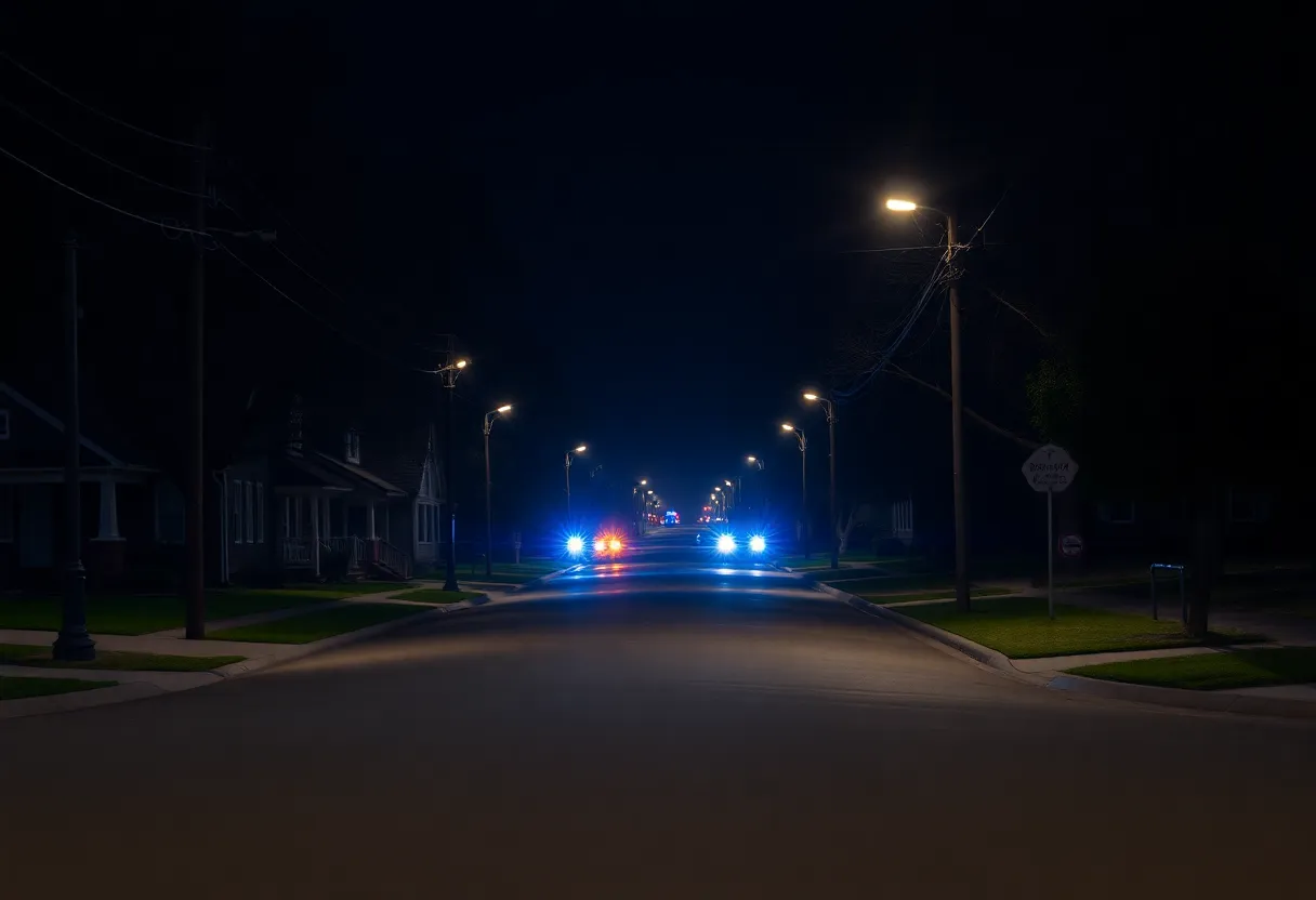 Police lights illuminating a quiet neighborhood after a shooting incident in Lexington.
