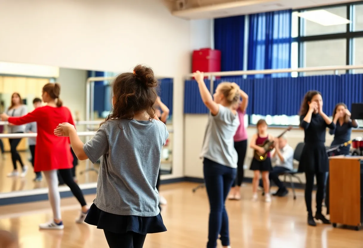 Students practicing in the modern dance studio at Lexington Traditional Magnet School