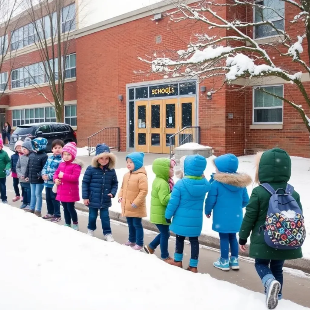 Snow-covered school with students in winter attire