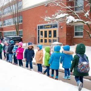 Snow-covered school with students in winter attire