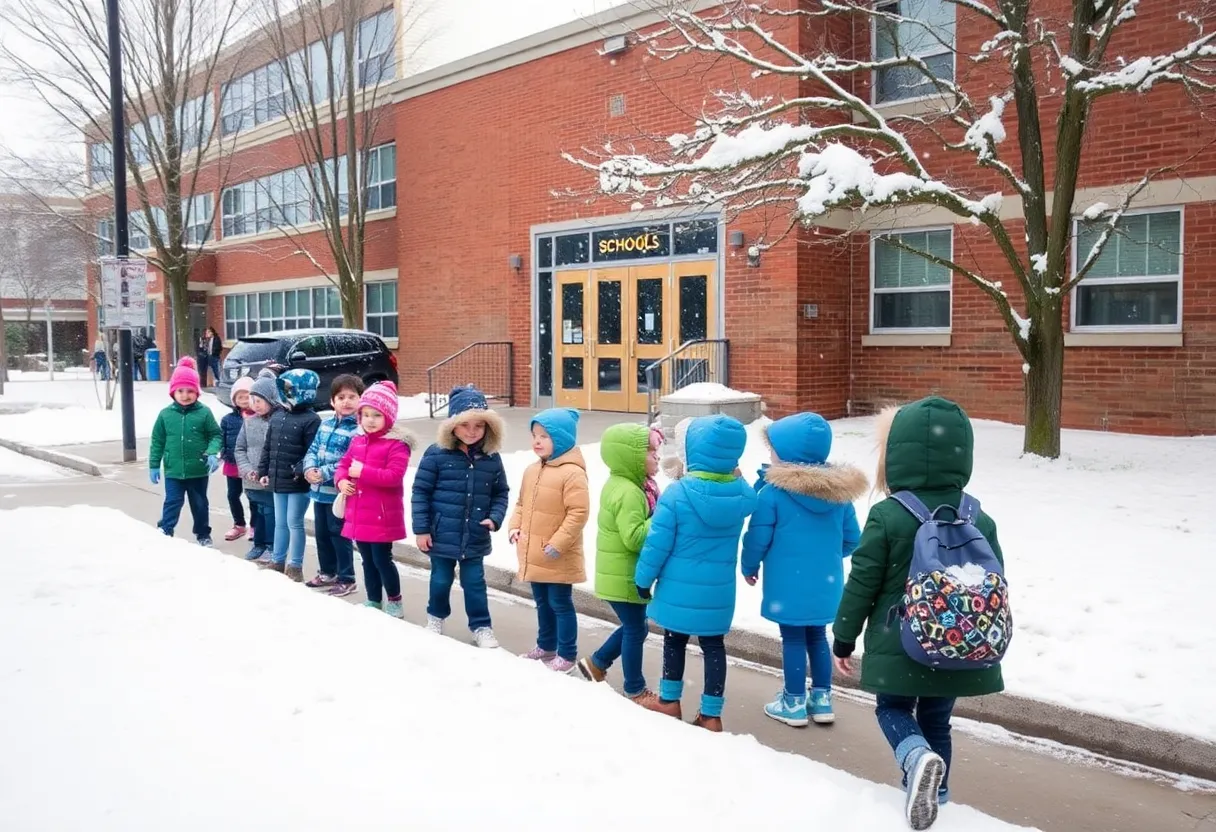 Snow-covered school with students in winter attire