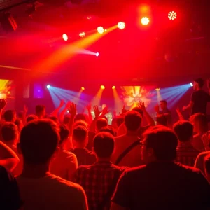 Indie rock concert featuring a band performing in a packed small venue.
