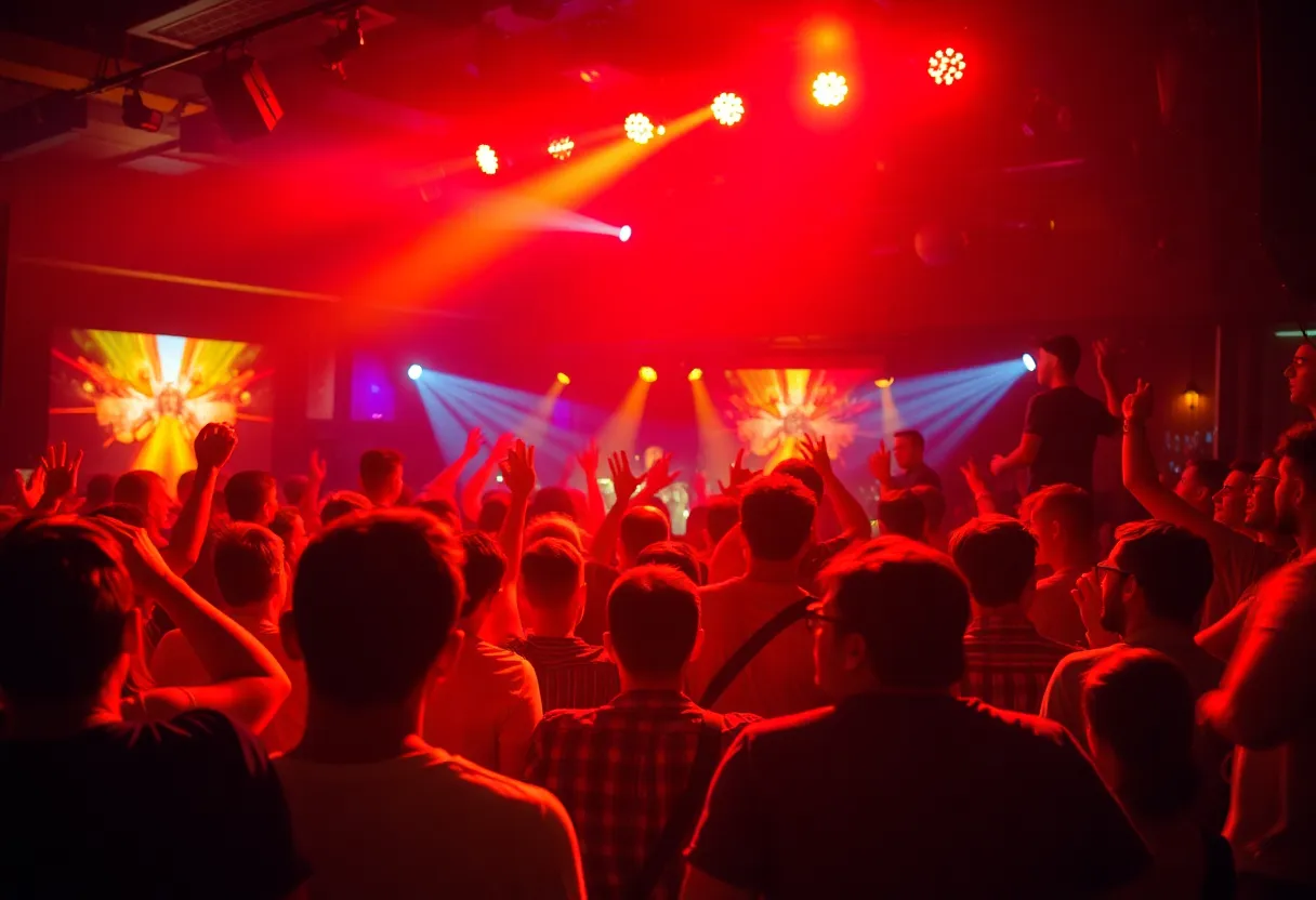 Indie rock concert featuring a band performing in a packed small venue.