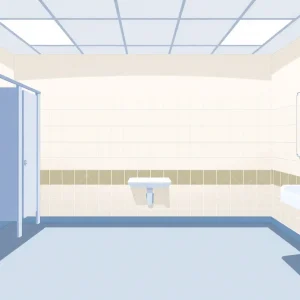 Stylish school restroom with private stalls and communal sinks