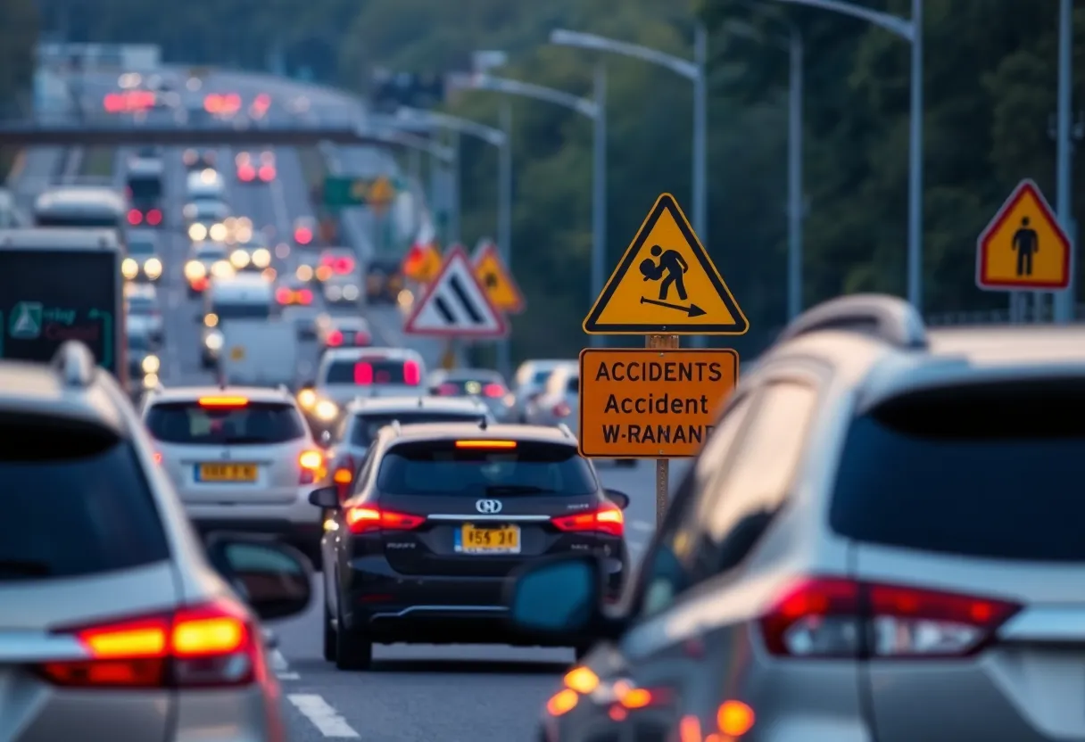 Traffic warning sign on New Circle Road amid heavier traffic.