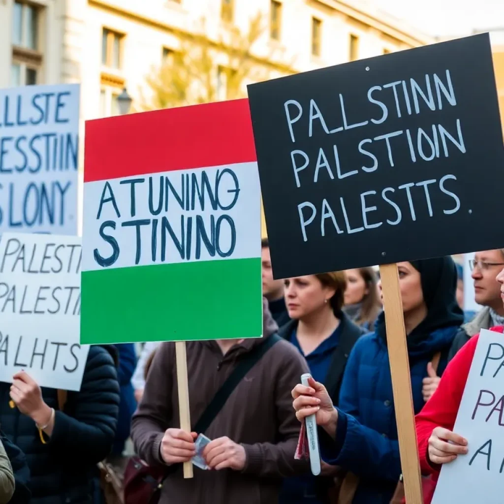 Protesters holding signs advocating for Palestinian rights in Lexington.