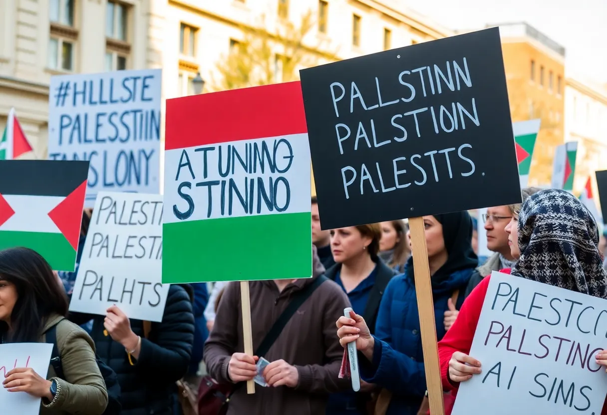 Protesters holding signs advocating for Palestinian rights in Lexington.