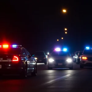 Police cars with flashing lights at night