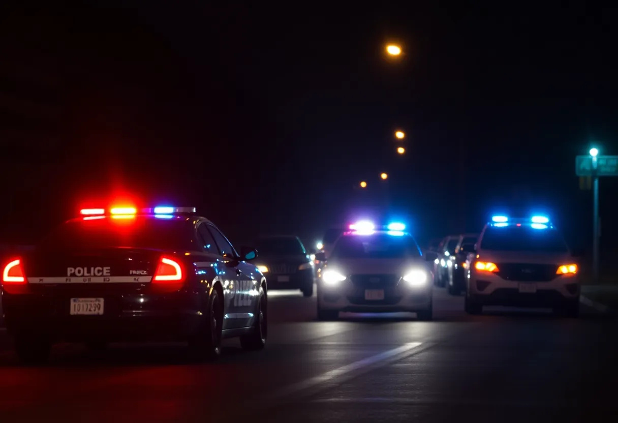 Police cars with flashing lights at night