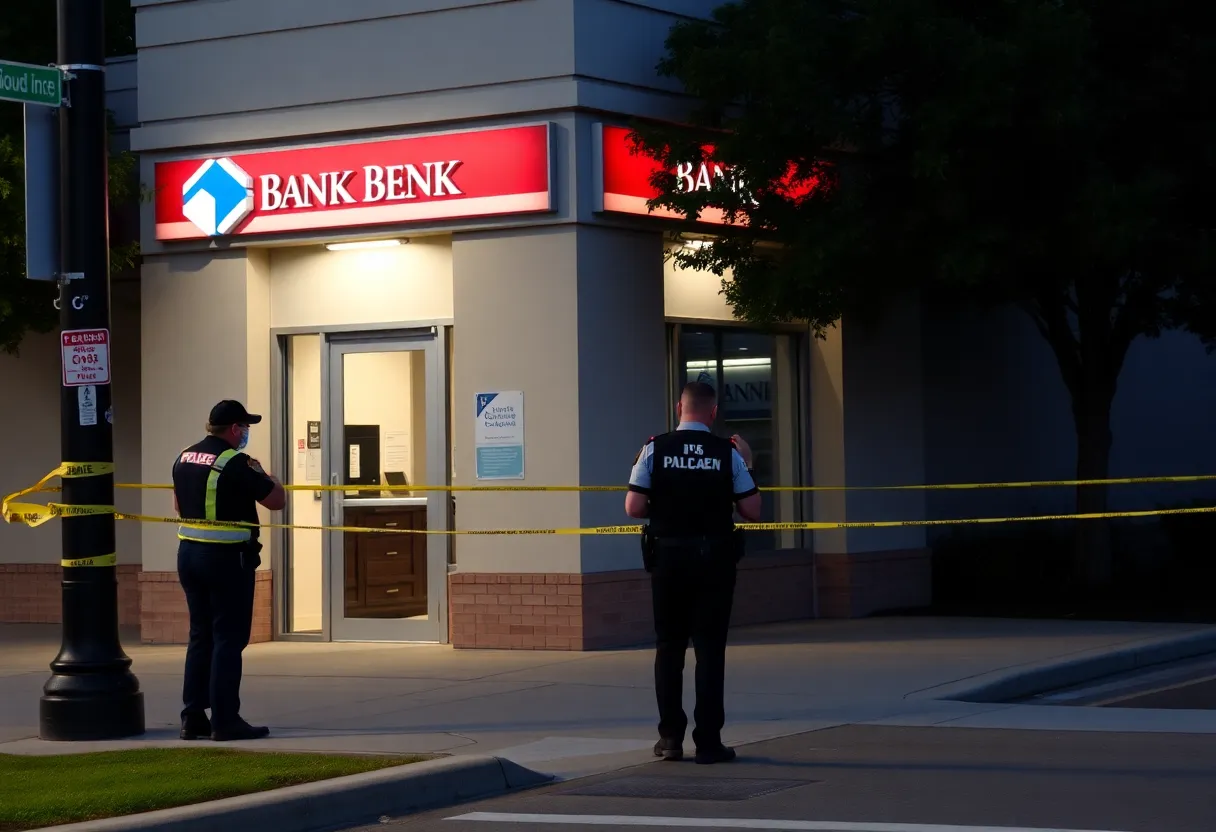 Police securing the area outside Community Trust Bank after robbery