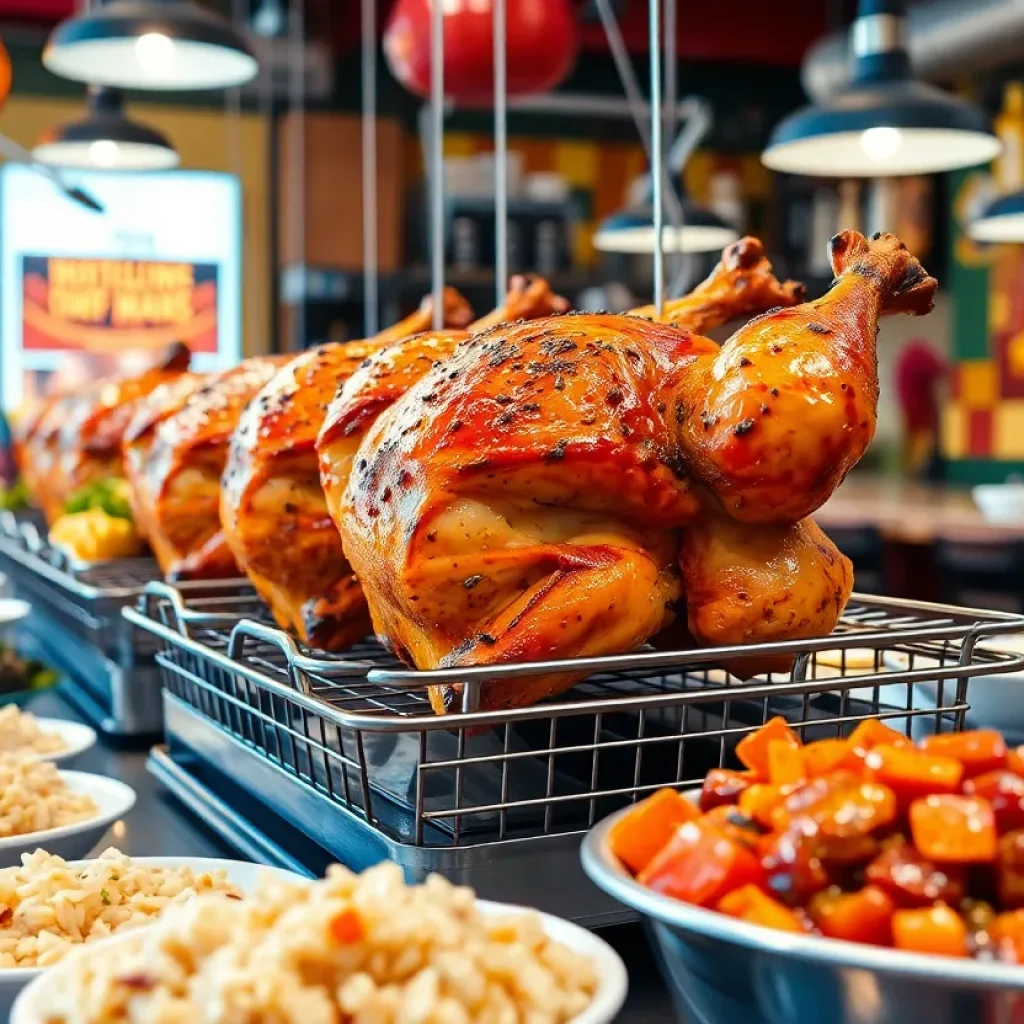 Interior of Pollo Azul showcasing rotisserie chicken and healthy meal options