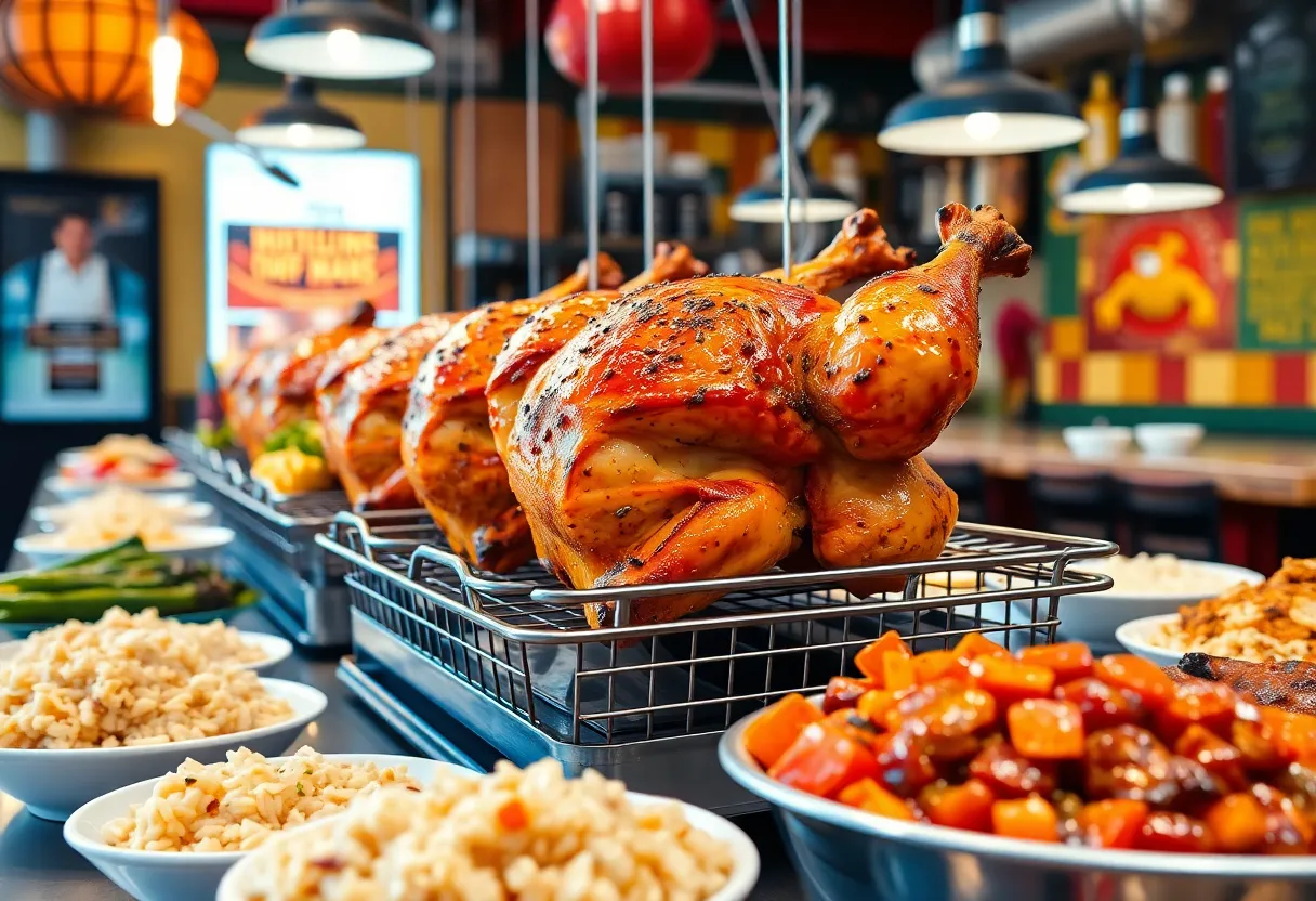 Interior of Pollo Azul showcasing rotisserie chicken and healthy meal options