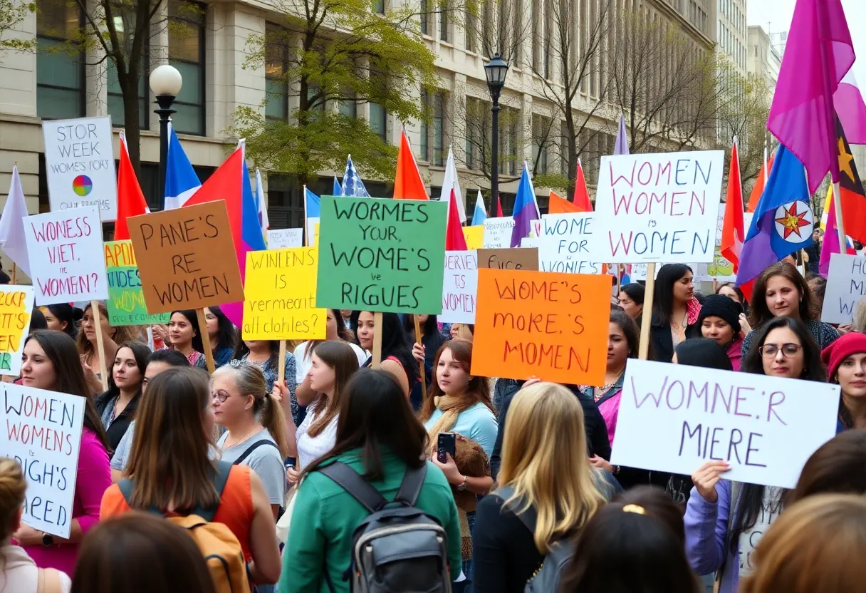 People holding protest signs during International Women's Day in Lexington