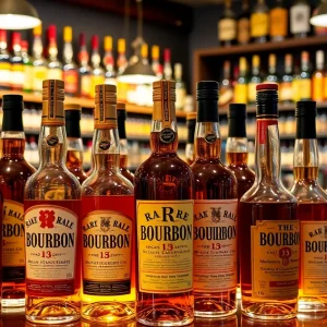 Display of rare bourbon bottles at Liquor Barn
