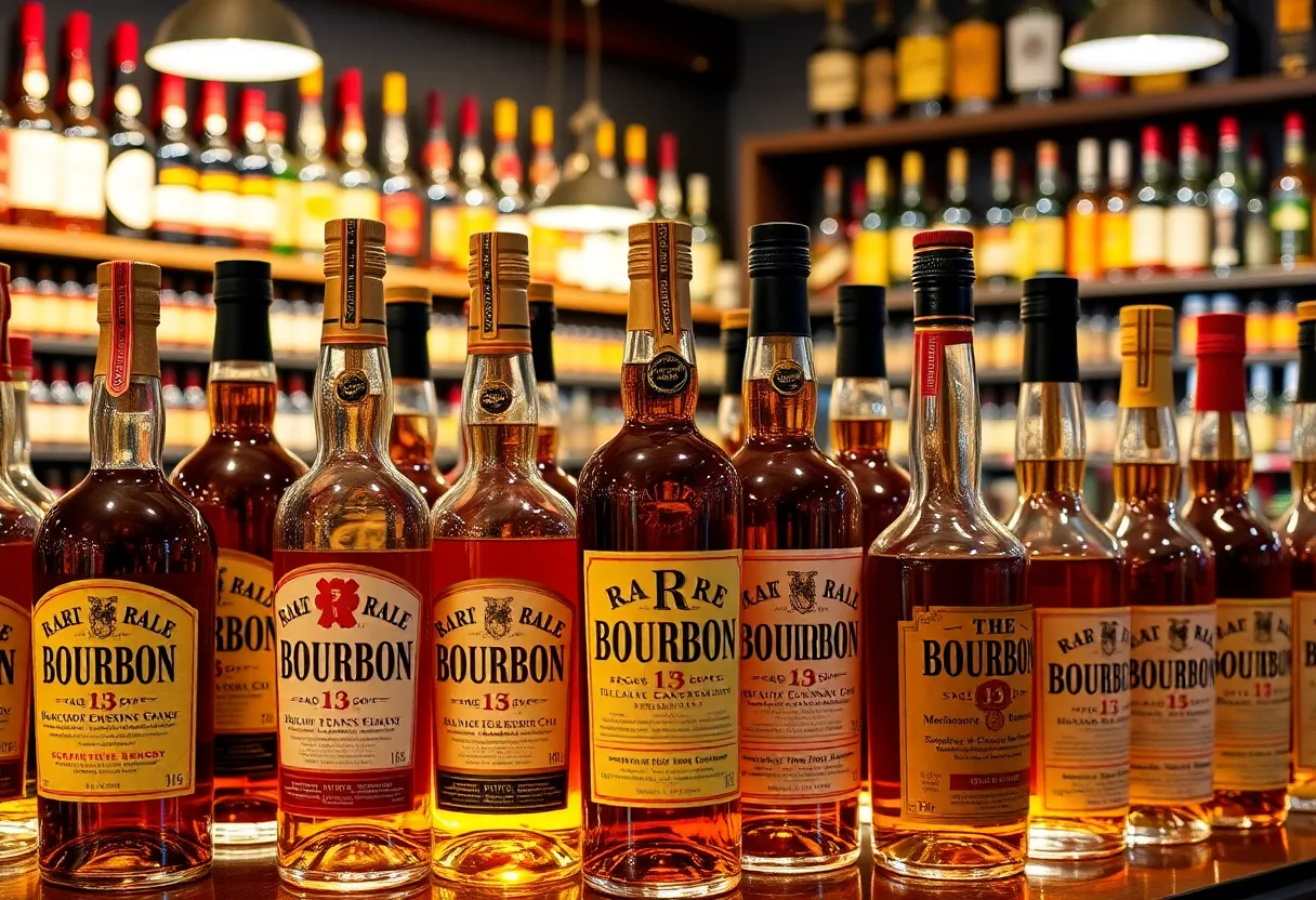 Display of rare bourbon bottles at Liquor Barn