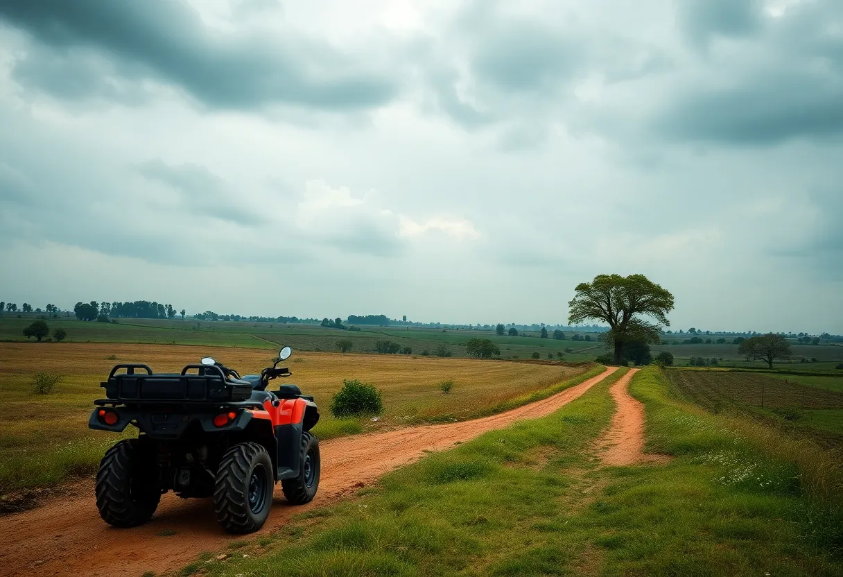 A rural landscape featuring an all-terrain vehicle parked near a dirt road.