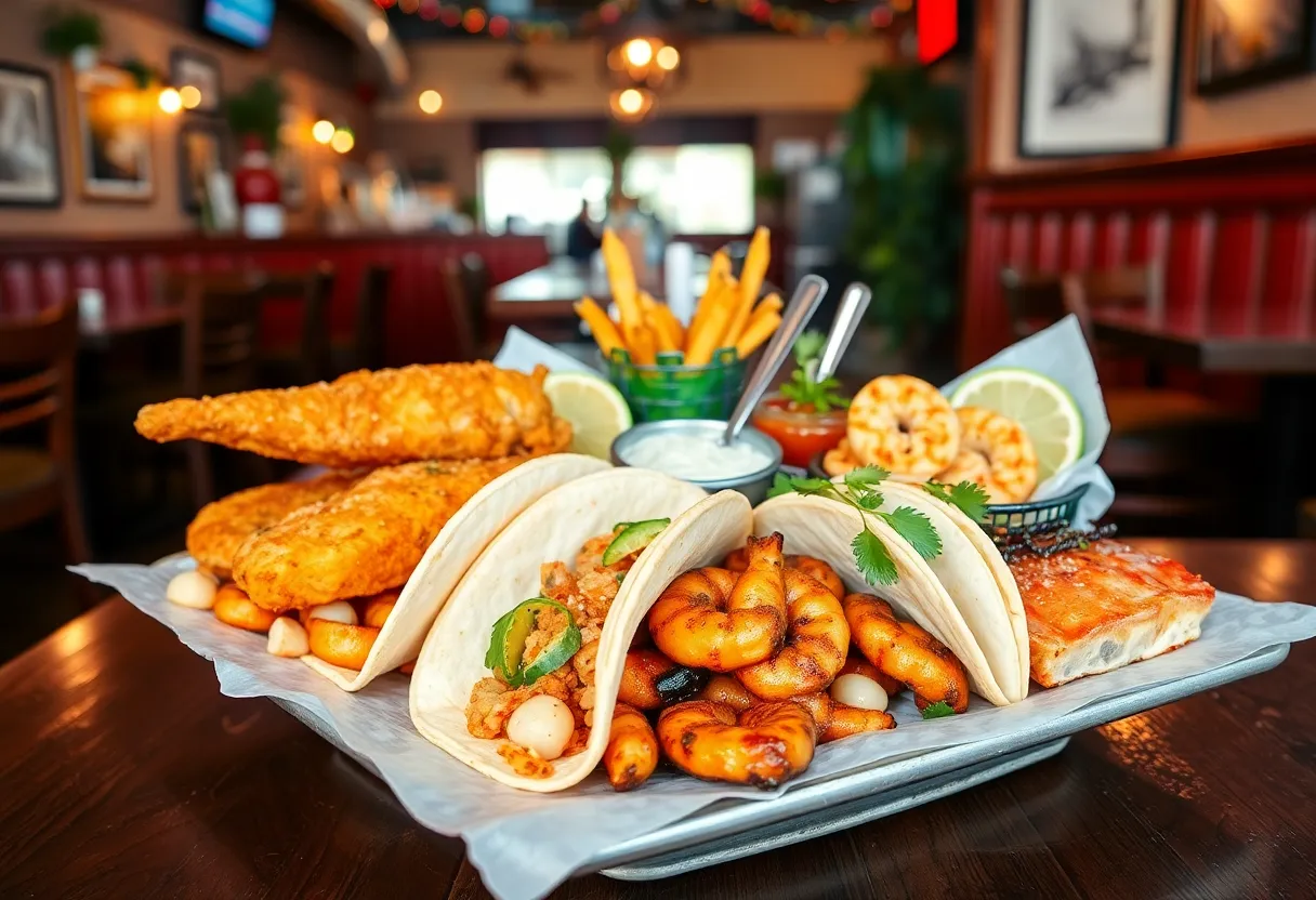 A selection of seafood dishes including catfish, shrimp, and salmon in a restaurant setting.