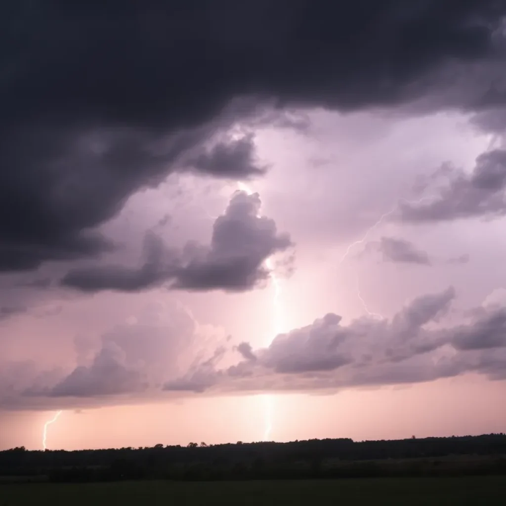 Dark storm clouds gathering over a rural Kentucky landscape