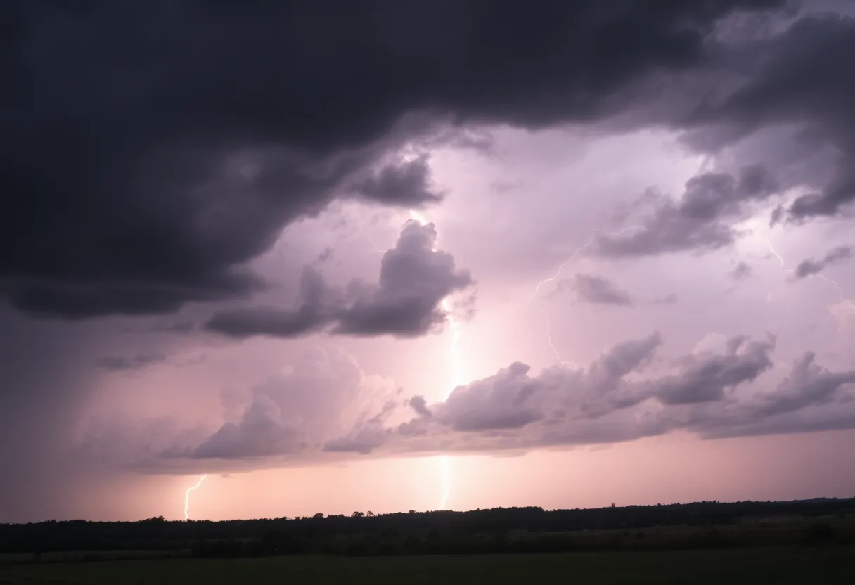 Dark storm clouds gathering over a rural Kentucky landscape