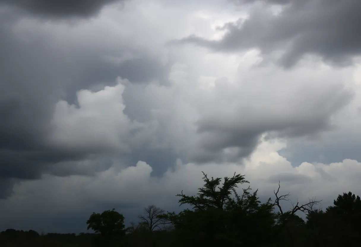 Dramatic storm clouds over Kentucky with strong winds and fallen branches.