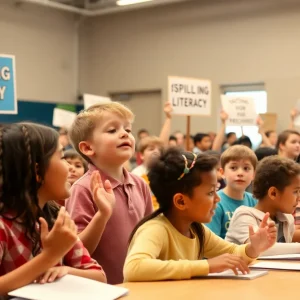 Students participating in a spelling competition