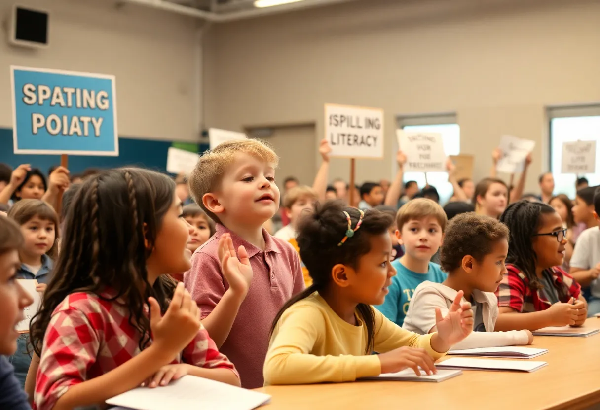 Students participating in a spelling competition