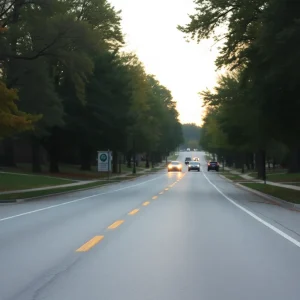 A quiet suburban road in Lexington, KY surrounded by trees.