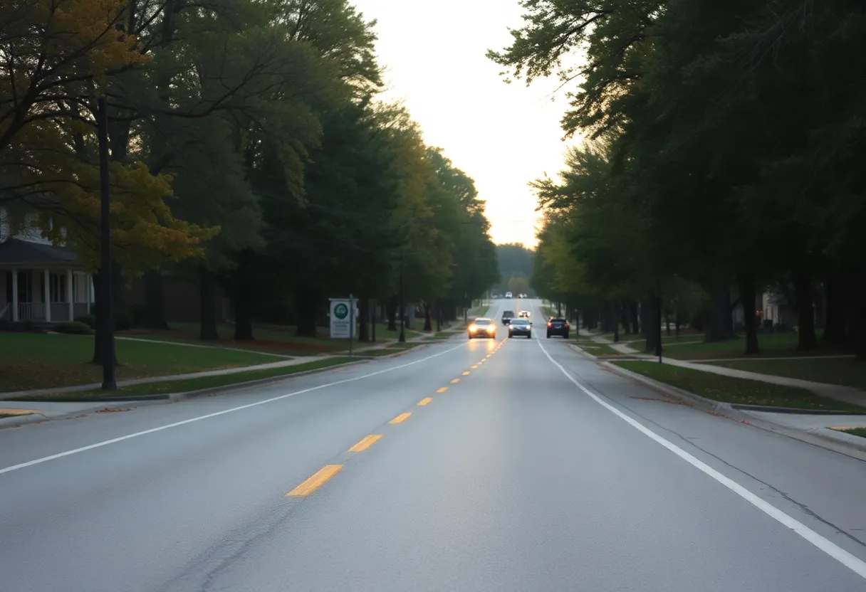 A quiet suburban road in Lexington, KY surrounded by trees.