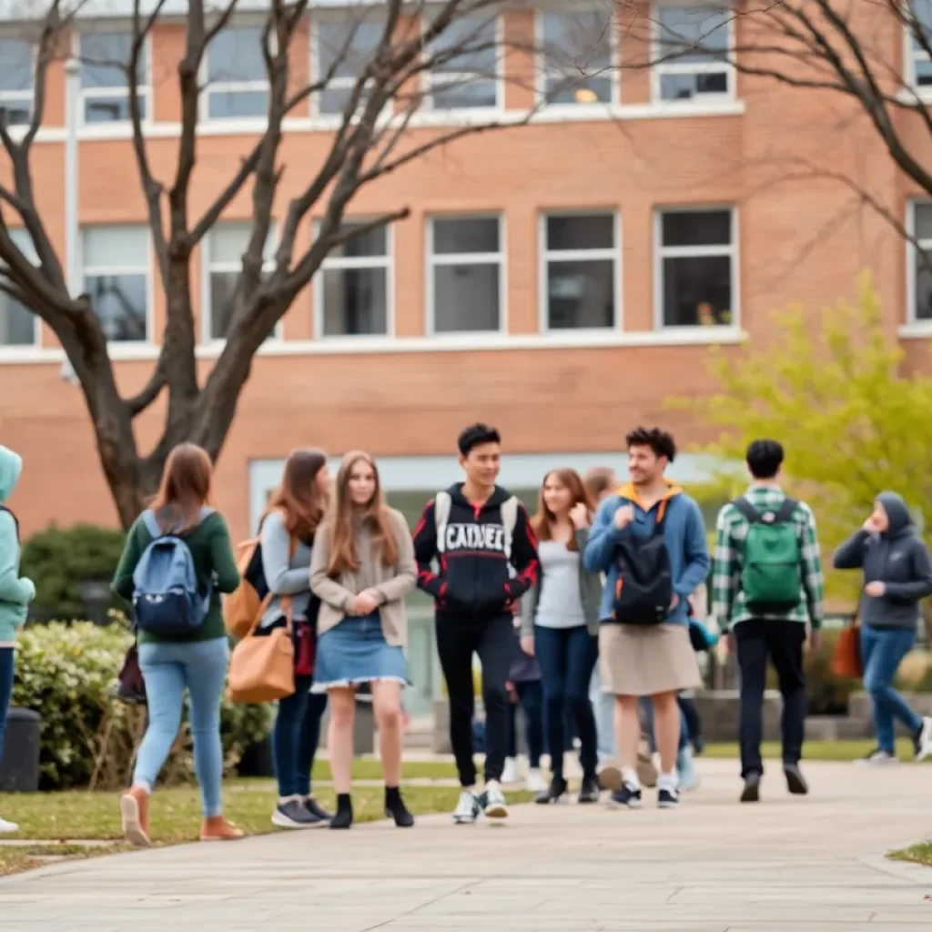 Students on university campus looking concerned