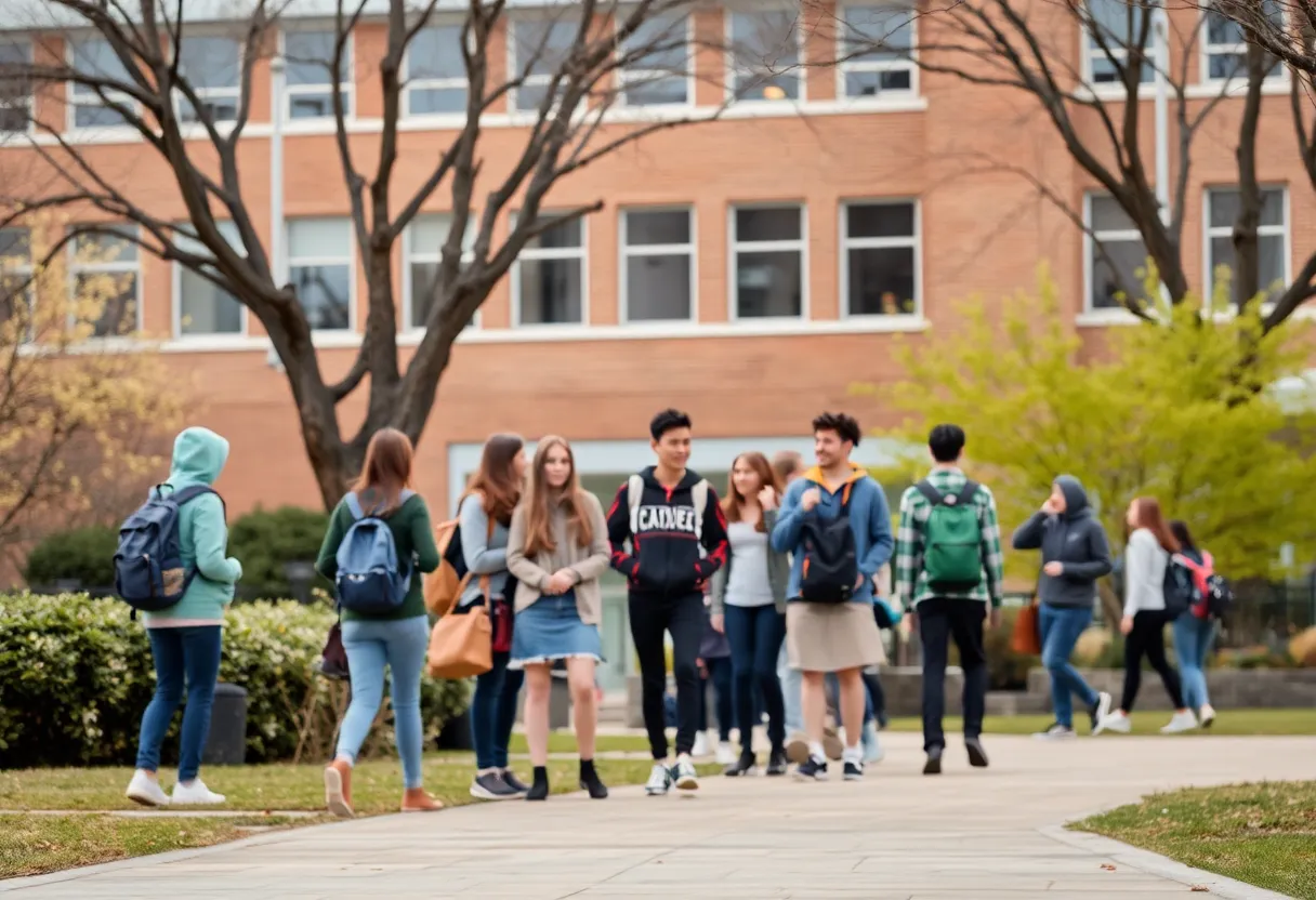 Students on university campus looking concerned