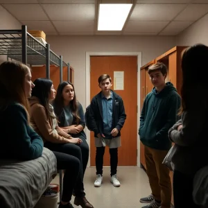 Students discussing safety and support in a university dormitory