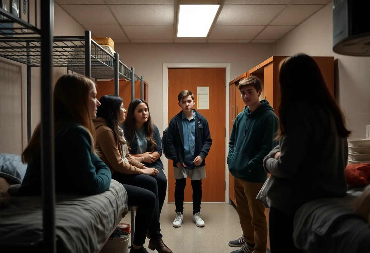 Students discussing safety and support in a university dormitory