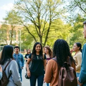Campus scene at University of Kentucky showing students engaged in discussion
