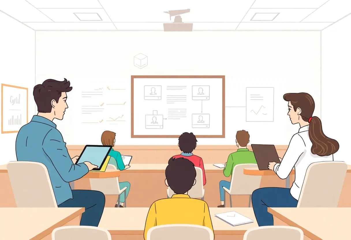 A digital classroom illustration representing online education in Kentucky.
