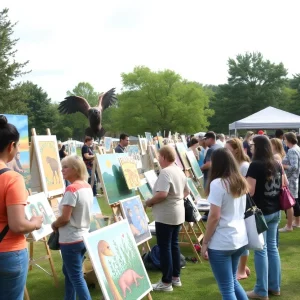 Community members engaging with local artists and their artwork at the Art on the Town event in Lexington.