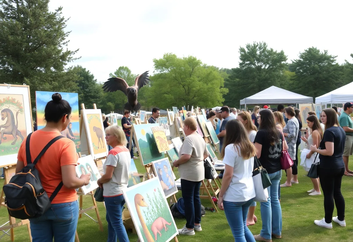 Community members engaging with local artists and their artwork at the Art on the Town event in Lexington.