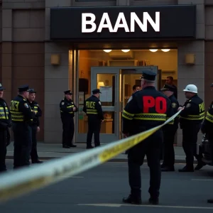 Scene of police investigation after bank robbery