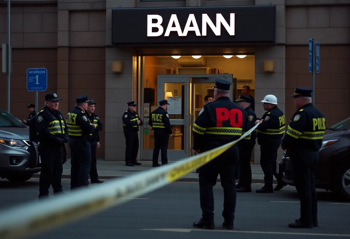 Scene of police investigation after bank robbery