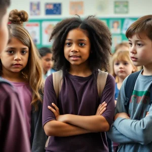 Students in a classroom showing signs of distress and lack of support regarding bullying