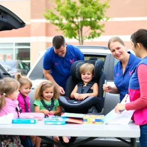 Families learning about car seat safety at a Lexington Fire Department event.