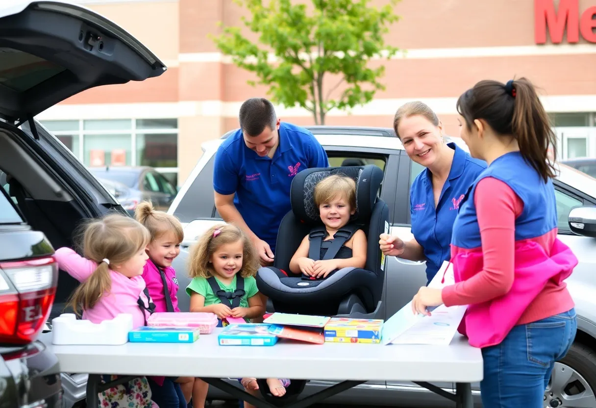 Families learning about car seat safety at a Lexington Fire Department event.