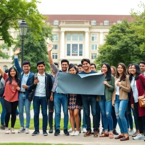International students celebrating visa restoration at a university campus.