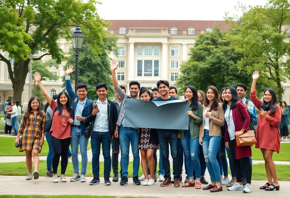 International students celebrating visa restoration at a university campus.
