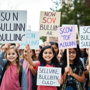 Students gathering to protest against bullying in a school setting.