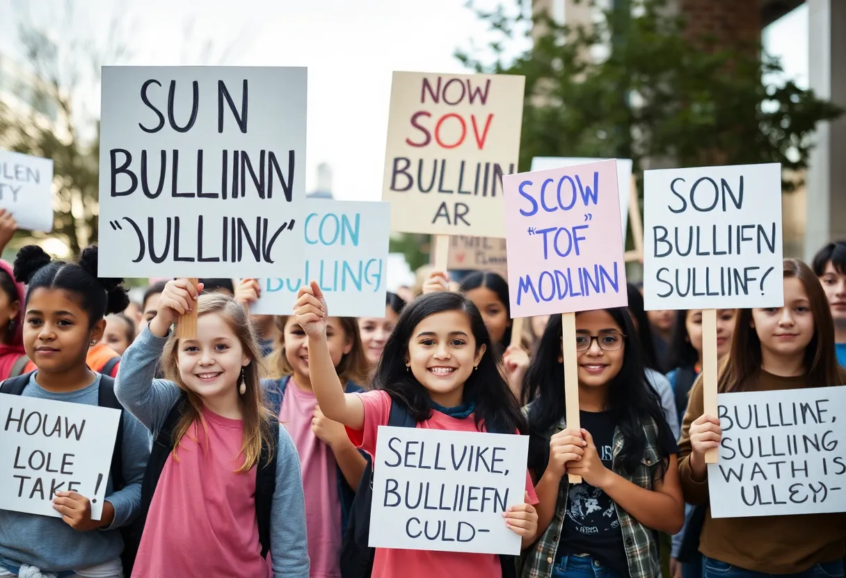 Students gathering to protest against bullying in a school setting.