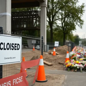 Closure sign at a construction site with community memorials nearby.