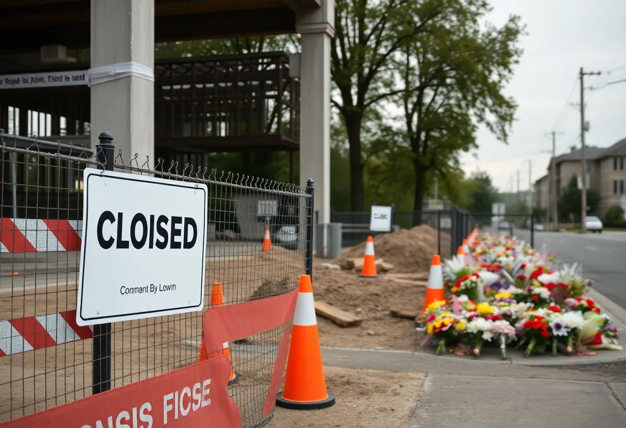 Closure sign at a construction site with community memorials nearby.